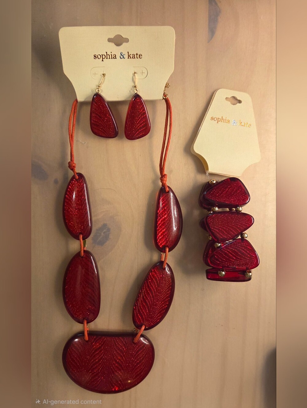 Sophia & Kate Red Statement Necklace Bracelet Earrings 3 Pc Set